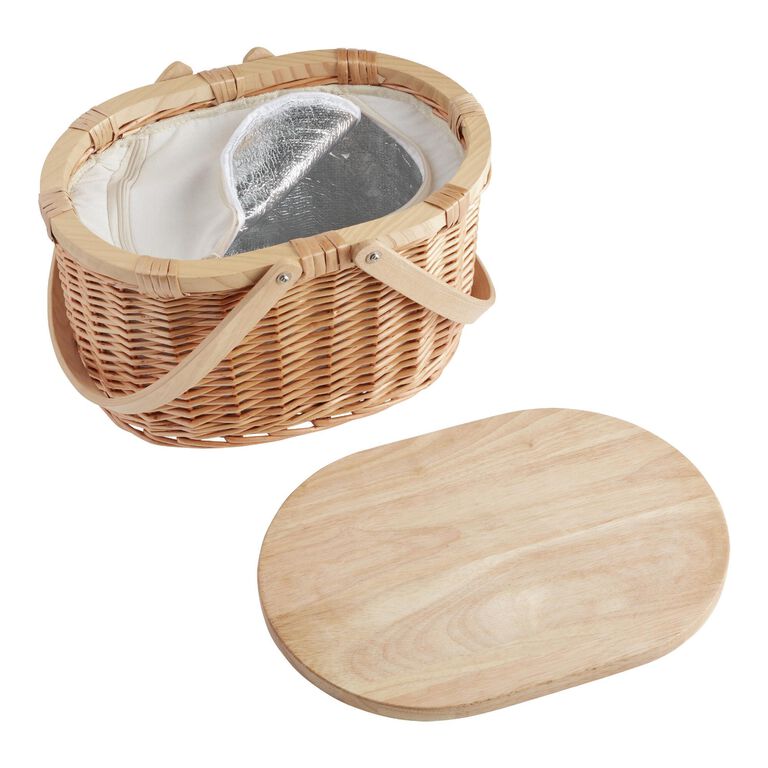 Natural Wicker and Pine Wood Insulated Picnic Basket image number 3