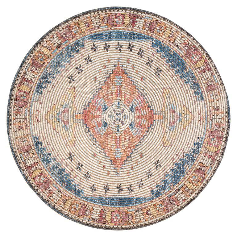 Round Ivory and Red Distressed Jute Blend Beso Area Rug image number 1