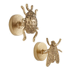 Antique Brass Metal Garden Insect Wall Hooks 2 Pack