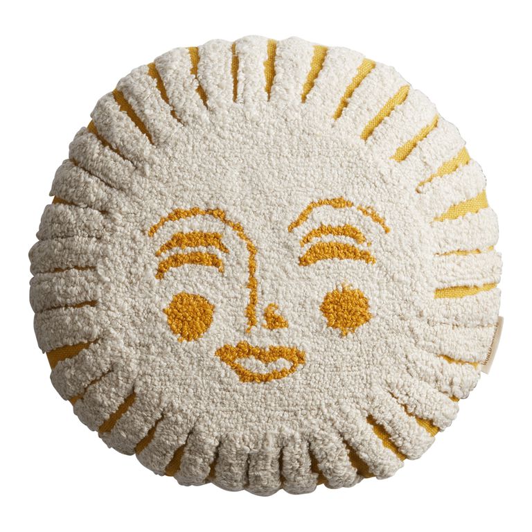 Round Ivory Tufted Sun Face Indoor Outdoor Throw Pillow image number 1