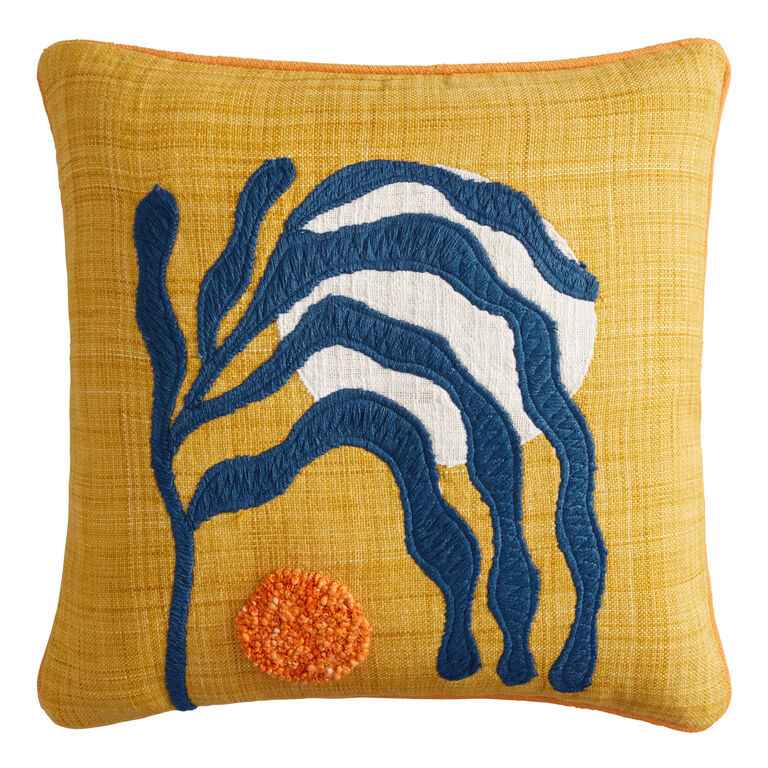 Yellow And Blue Wave Leaves Indoor Outdoor Throw Pillow image number 1