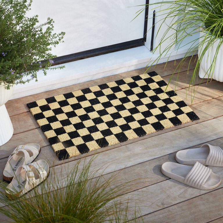 Black and Natural Checkerboard Coir Doormat image number 2