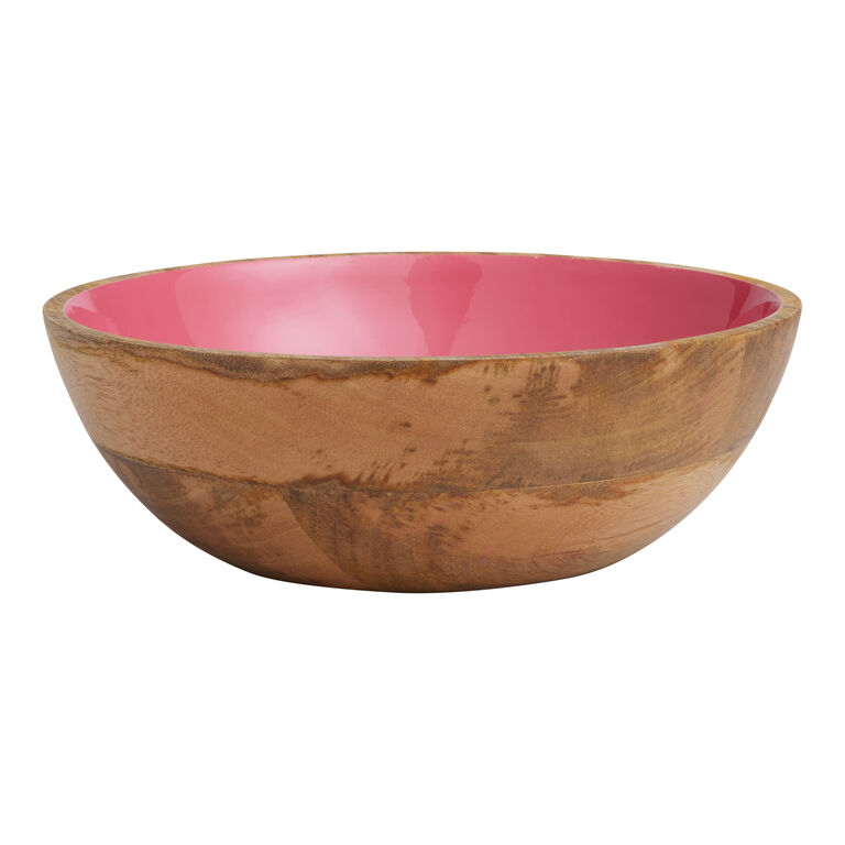 Medium Pink Enamel Wood Serving Bowl image number 1