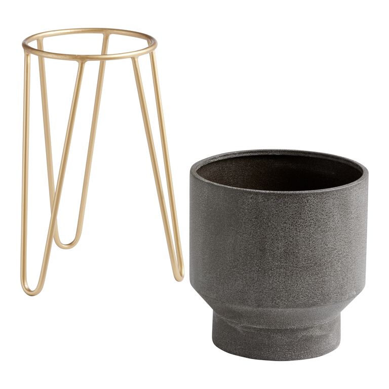 Tapered Black Metal Planter With Gold Hairpin Stand image number 2