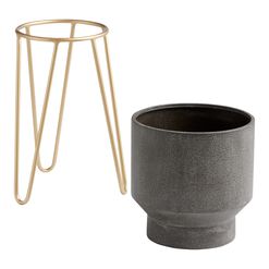 Tapered Black Metal Planter With Gold Hairpin Stand