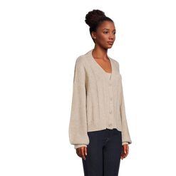 Tan And Gold Recycled Yarn Cable Knit Cardigan Sweater