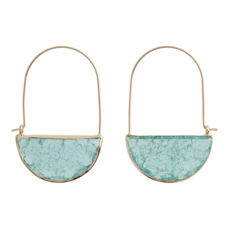 Gold And Teal Crackled Glass Elongated Hoop Earrings image number 1