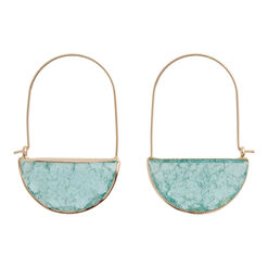 Gold And Teal Crackled Glass Elongated Hoop Earrings