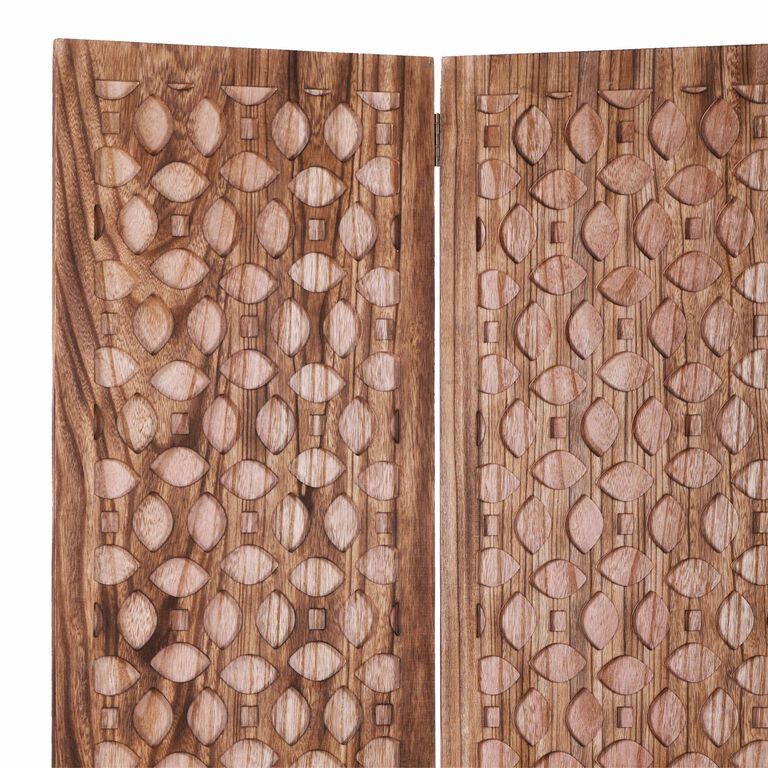 Brown Carved Wood Geo 3 Panel Folding Screen image number 3